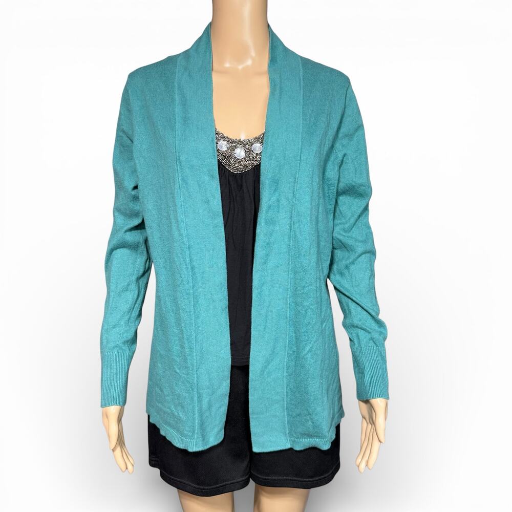 Talbots Womens Cardigan Sweater Knit Open Front Long Sleeve Green Teal Medium